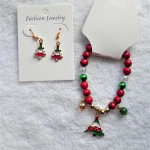 3PC Gold Christmas Bracelet & Earrings Set Tree
